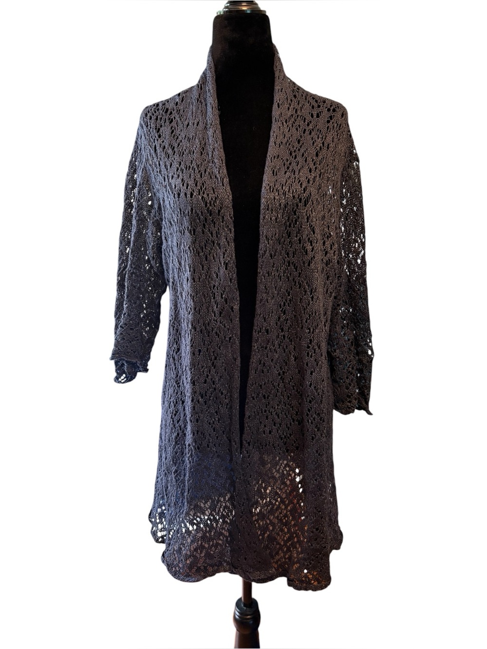 Eileen Fisher Linen Blend Crochet Open Cardigan blue Metallic Accents Medium